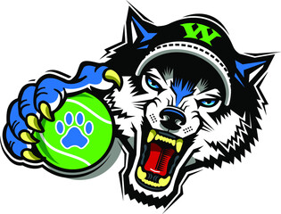angry wolves mascot holding tennis ball for school, college or league