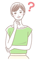 顎に手を当てて考える若い女性