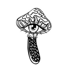 Magic mushroo with eye . Psychedelic hallucination. Outline vector illustration isolated on white. 60s hippie art. Coloring book.