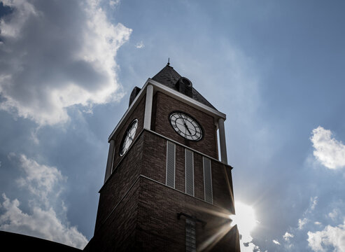 Low angle shot of Brampton City Hall on the sky background