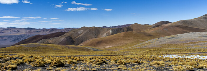 landscape with mountains in late winter in the north region of Catamarca province, Argentina. Puna region along the NR60. Panoramic view.