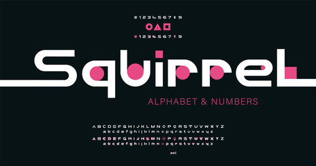 Modern minimal alphabet with protruding elements and pink geometric spots, circle, square, triangle, font, type for futuristic logo, headline, creative lettering and maxi typography. - obrazy, fototapety, plakaty