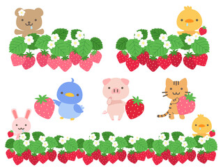 いちご畑と動物のイラストセット