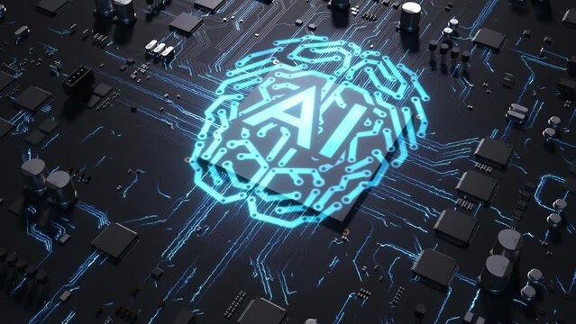 Central processor on a printed circuit board. sign on the brain chip as an electronic circuit . dynamic 3d animation . concept of technology and computer science
