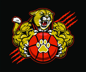 muscular cougar mascot holding basketball for school, college or league