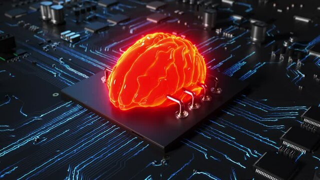 Central processor on a printed circuit board in the form of a human brain performing a computational process. dynamic 3D animation with the effect of heating. the concept of technology and artificial 