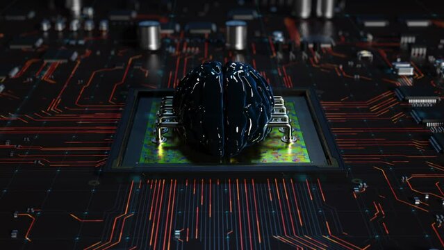 Central processor on a printed circuit board in the form of a human brain performing a computational process. dynamic 3D animation with the effect of heating. the concept of technology and artificial 