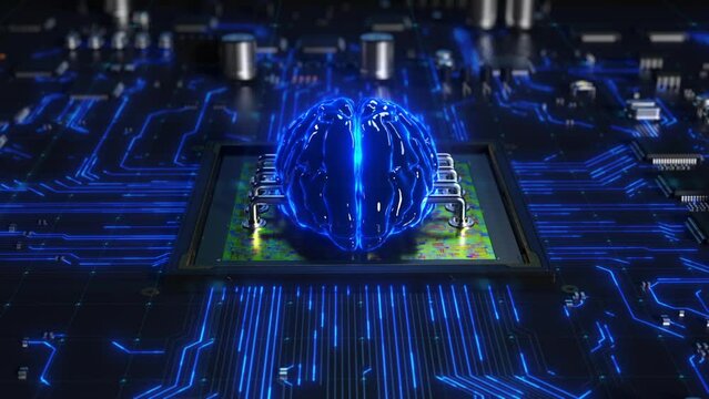 Central processor on a printed circuit board in the form of a human brain performing a computational process. dynamic 3D animation in blue tones. concept of technology and artificial intelligence