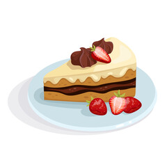 Piece of cake with fresh strawberries and chocolate meringue.Cartoon vector graphic.