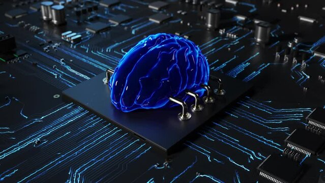Central processor on a printed circuit board in the form of a human brain performing a computational process. dynamic 3D animation in blue tones. concept of technology and artificial intelligence