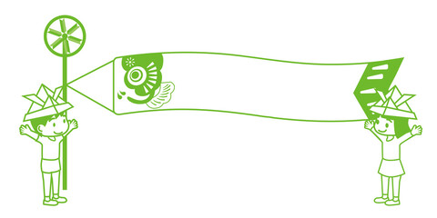 端午の節句子供の日のイメージイラスト　人物　線画　バナーフレーム文字スペース鯉のぼりと男の子と女の子