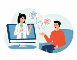 Man with Psychologist doctor online consultation. Psychotherapy practice, psychological help, psychiatrist consulting patient. Psychology. Trendy flat cartoon style. Vector illustration on white
