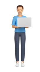 A man with a laptop. 3d illustration of a smiling young adult, character.