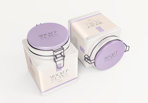 Square Metallic Tin Cans Mockup