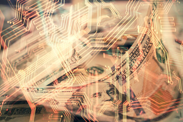 Double exposure of tech theme drawing over usa dollars bill background. Concept of technology.