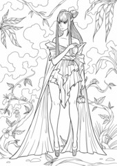 A girl with long hair and a flower. Coloring book antistress for children and adults. Illustration isolated on white background. Zen-tangle style. Hand draw