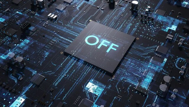 Central processor on a printed circuit board. dynamic 3d animation with the inscription of off . concept of technology and artificial intelligence