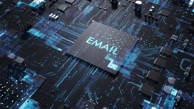 Central processor on a printed circuit board. dynamic 3d animation with email lettering . the concept of technology and artificial intelligence