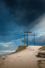Easter morning, Golgotha hill with silhouettes of the cross,