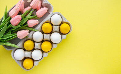 colors painted  yellow easter eggs  on yellow background	
