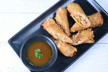Japanese food, lumpias, with vegetables, seafood, fresh mussels and sauce
