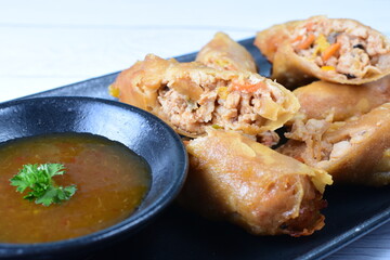 Japanese food, lumpias, with vegetables, seafood, fresh mussels and sauce