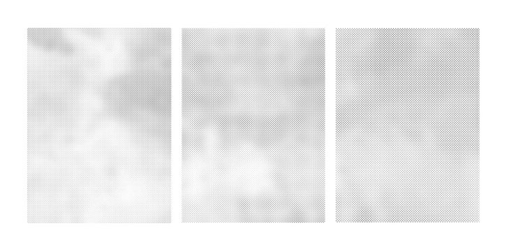 Conjunto de fondos o banners de variaciones de semitono de color en blanco y negro.  Ilustraci&oacute;n abstracta de textura de semitonos tipo peri&oacute;dico, imagen vectorizada
