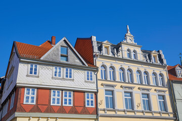 Fototapeta na wymiar Altstadt-Impressionen, mit schönen Fachwerkhäusern, in Norddeutschland, Niedersachsen, Wolfenbüttel.