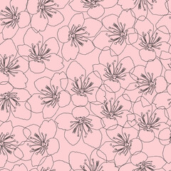 Abstract flower in line art drawing style. Apple, cherry or peach tree blossom. Minimalist black line sketch on pink background. Vector illustration