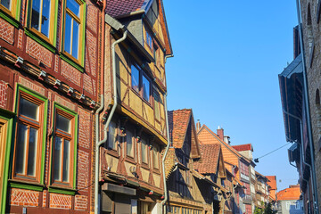 Obraz premium Altstadt-Impressionen, mit schönen Fachwerkhäusern, in Norddeutschland, Niedersachsen, Wolfenbüttel.