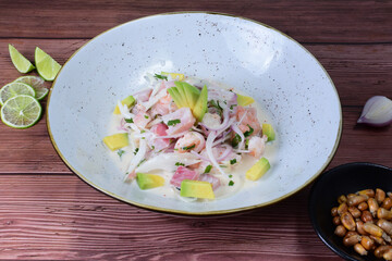 Mixed seviche, with shrimp, octopus, marinated fish, avocado, cilantro and leche de tigre