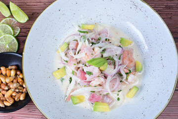 Mixed seviche, with shrimp, octopus, marinated fish, avocado, cilantro and leche de tigre