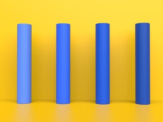 Blue cylinder pillars in bright yellow room - abstract background image