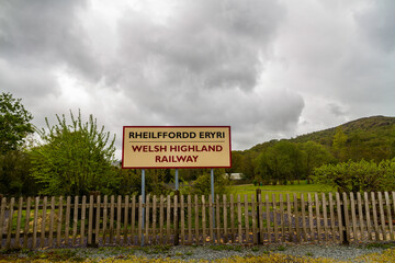 Fototapeta na wymiar Sign for the Welsh Highland Railway in North Wales, copyspace.