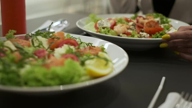 Two Plates Of Appetizing Salad With Shrimp Tomatoes Cheese And Lettuce.