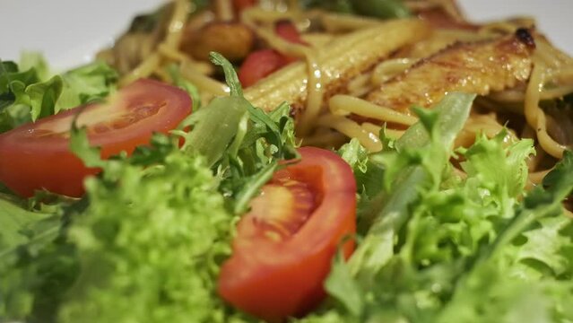 Warm Salad With Broccoli Corn Lettuce Arugula And Asparagus. Spaghetti And Tomatoes Are Great Addition To Salad.