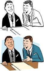 A vintage retro cartoon of two businessmen discussing a report at work. 