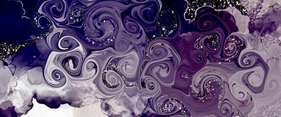 Modern purple marble background, twist elements, rotation, luxury alcohol ink texture, bright golden paths, creative hand drawn art illustration, concetrate layers, wallpaper for print