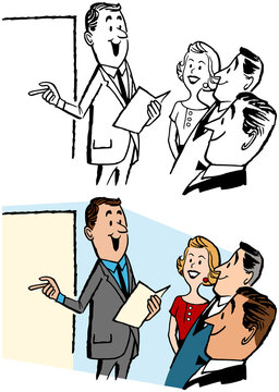 A vintage retro cartoon of a businessman giving a presentation to his coworkers. 