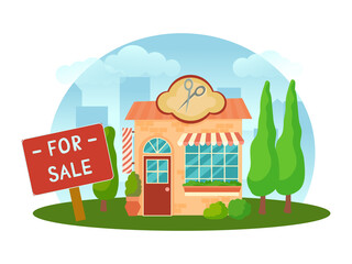 The concept of a house for sale. Sale or rental of real estate. House on a plot of land with surroundings and trees in a cartoon style. Vector illustration isolated on white background.