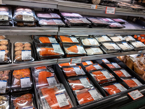 Kirkland, WA USA - circa January 2022: Angled view of delicious, fresh seafood inside a PCC grocery store.