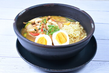 Japanese ramen, miro-based soup, sirloin steak, vegetables, pasta, and egg