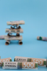 Ukrainian money. Banknotes of 500 hryvnia on a blue with a place for text.