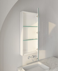 Empty shelves for product display; clean white cabinet, white  wall paint, white beadboard or wainscoting. 3D Rendering
