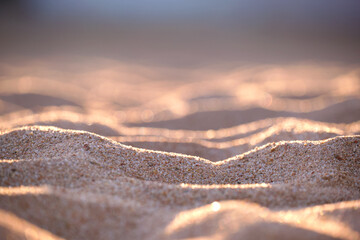 Close up of clean yellow sand surface covering seaside beach illuminated with evening light. Travel...