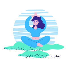 Young Woman Practices Yoga in nature. A girl in a lotus position does an asana the sun salutation in a park surrounded by bushes and grass. Person hand drawn vector Flat cartoon illustration.