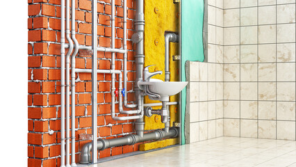 A wash basin is connected to the pvc pipes in the wall in cross section showing all the wall layers, 3d illustration