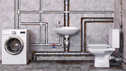 Pvc pipes inside the walls in bathroom with toilet bowl, wash basin and a washing machine, that are connected to pipes, sanitary engineering installing concept, 3d illustration