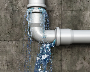 A pvc white elbow leaks and drops the water in places of its connection, concrete wall on background, water flow concept, 3d illustration - obrazy, fototapety, plakaty