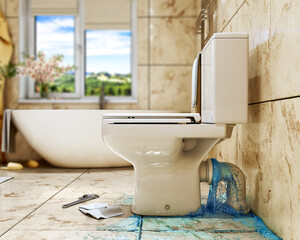 A water leak under the toilet bowl in the place of toilet connection to the pipe, with the bathroom blurred interior on background, water flow concept, 3d illustration
